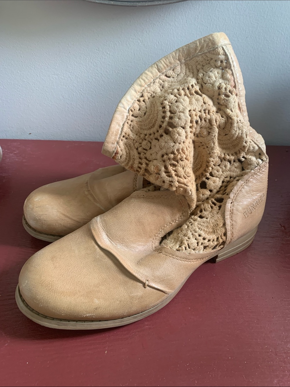 Womens Beige Crochet Fold-Over Ankle Boots